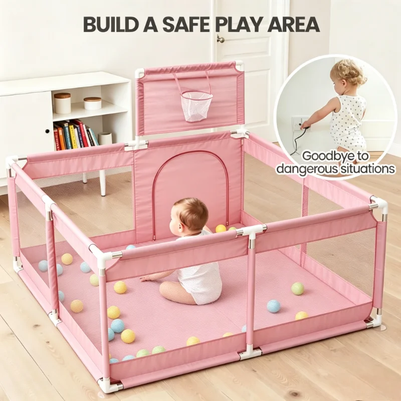 Baby Playpen, 128 X128cm Playpen for Toddlers, Indoor Outdoor Children's Activity Center, Safety Play Yard with Breathable Mesh