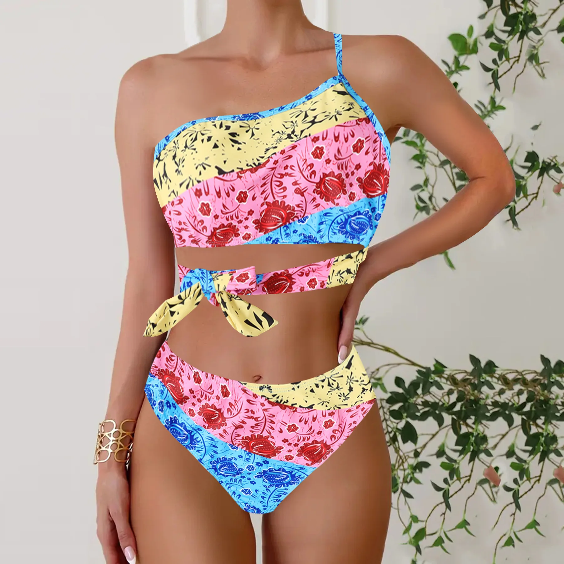 2025 Sexy Women High Waist Bottom & Supportive Top Summer One Shoulder Asymmetrical Two Piece Swimsuit Fashion Beach Panties Set