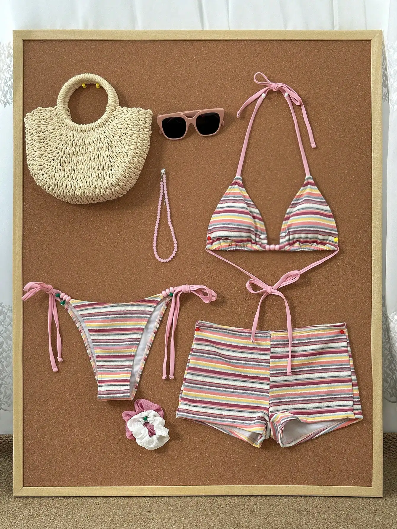 

Women's 3-Piece Striped Beaded Bikini Set Light Pink Halter Neck Resort Style