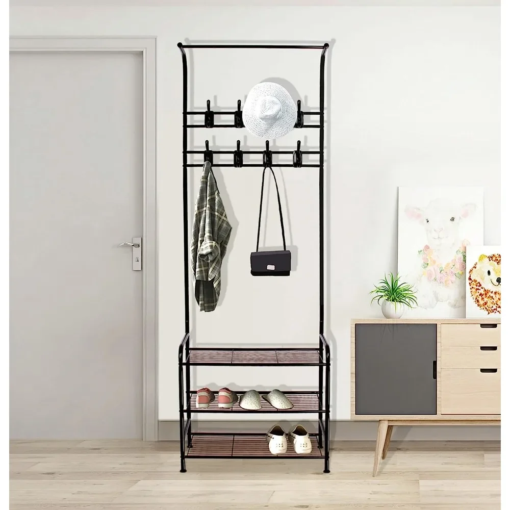 

Coat Rack with Shoe Storage, 3-in-1 Metal Hall Tree with 3-Tier Shelf and 16 Removable Hooks, Freestanding Coat Shoe Rack