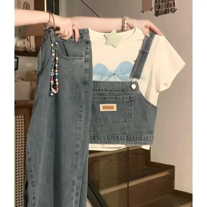 

Летний новый женский комплект малого размера: топ и джинсовые брюки-палаццо с принтом из серии «Молоко»