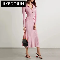 Women's pink knitted medium-length dress senior sense of fashion temperament polo collar waist-skimming long dress 2023 new