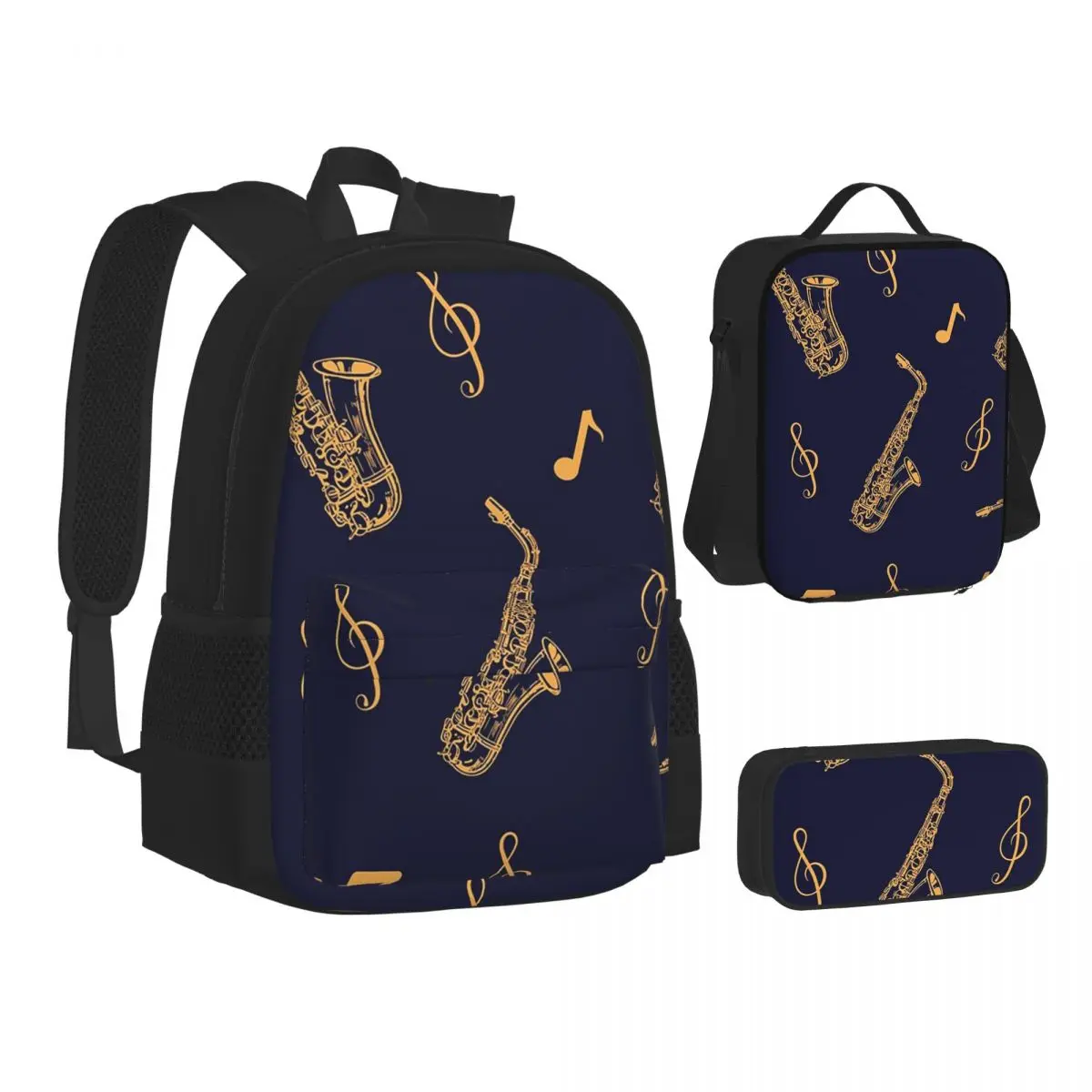 

Musical Saxophone Pattern Backpacks Boys Girls Bookbag Students School Bags Kids Rucksack Lunch Bag Pen Bag Three-Piece Set