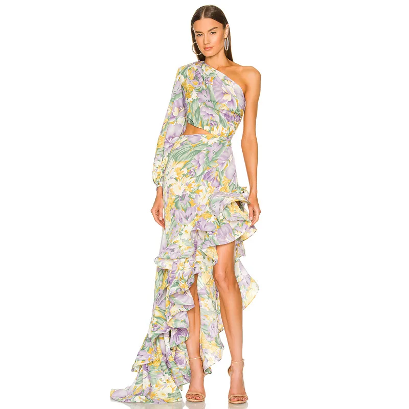 

Stylish and sexy slant shoulder floral slim-fitting hollow lotus leaf pendulum irregular dress simple temperament elegant and ve