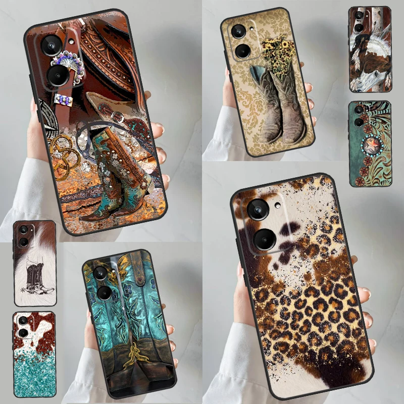 Western Cowgirl Cowboy Boots Cowhide Case For Realme C55 C67 C53 C51 C35 C33 C31 C30 C25s C21Y GT Neo 5 GT5 9 10 11 12 Pro Plus