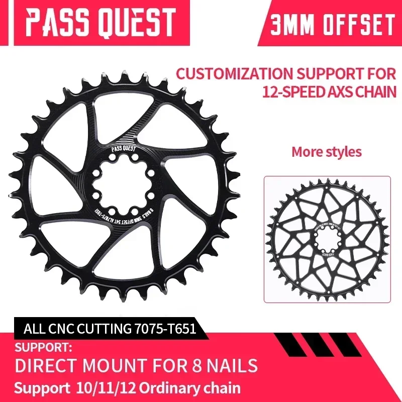 

PASS QUEST 3mm Offset Direct Mount Road Bike ROUND OVAL Narrow Wide Chainring 28T-48T Chainwheel BLACK