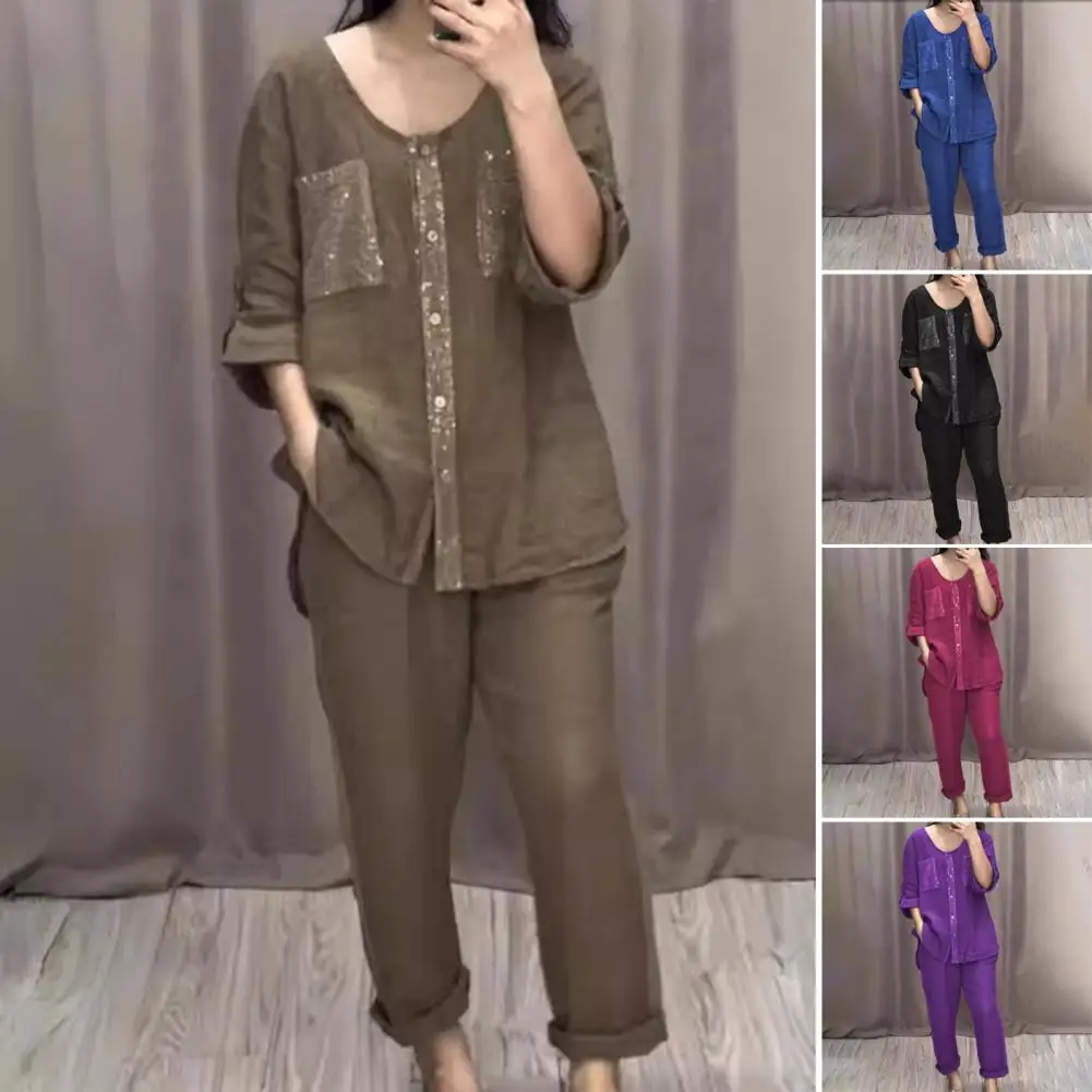 

2 Pcs/Set Women Top Pants Set Shiny Sequin With Cufflink T-shirt Adjustable Waist Wide Leg Trousers Casual T-shirt Trousers Set