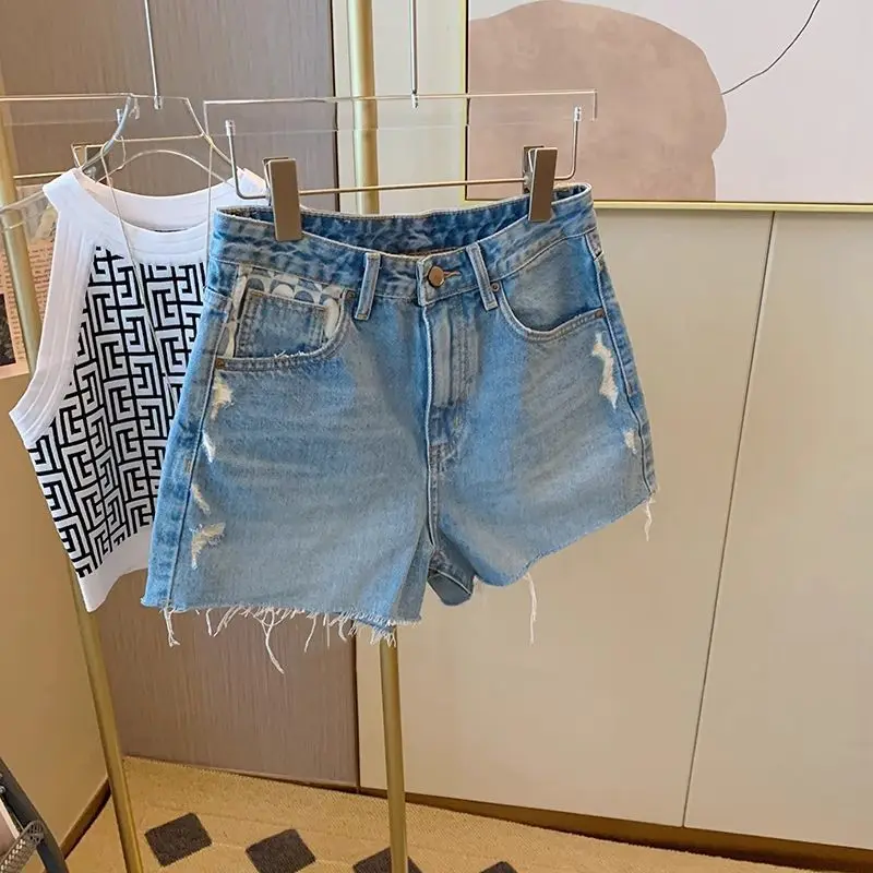 2026 Summer New Heart Printing Pocket Washed Denim Shorts Women's Fashion Loose High Waist Wide Leg Shorts Ropa De Mujer