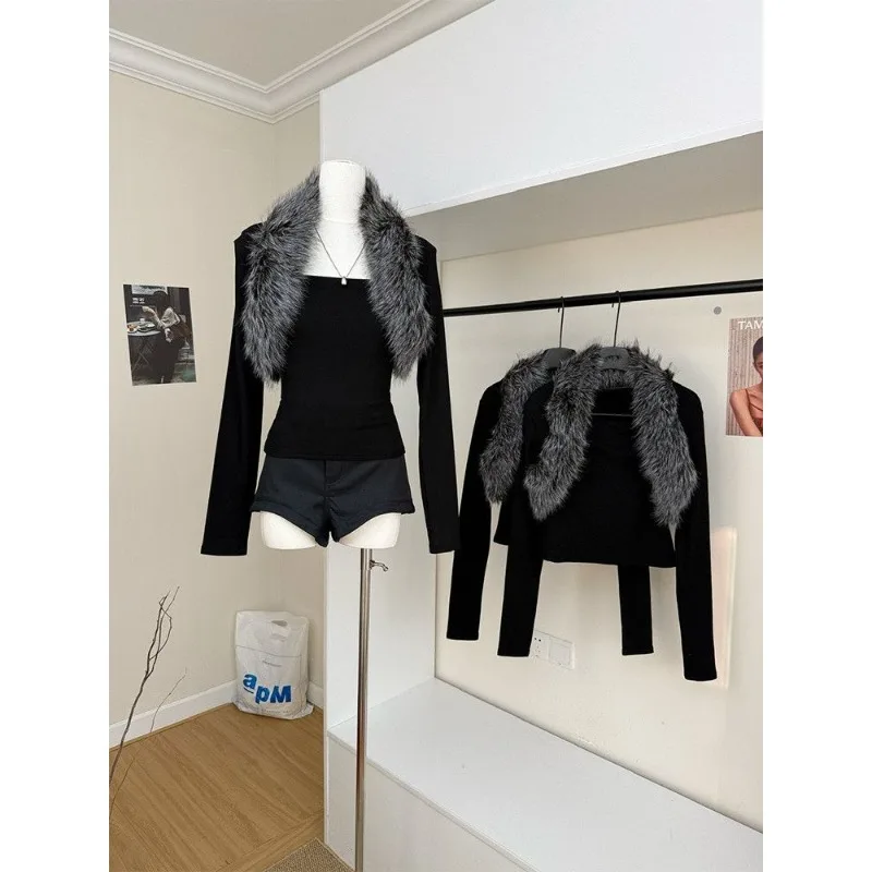 Blouse Jacket Vest Two-piece set Women's Black Short Undergarment Slim-fit Long sleeves Waistcoat Cardigan Fur collar New Casual