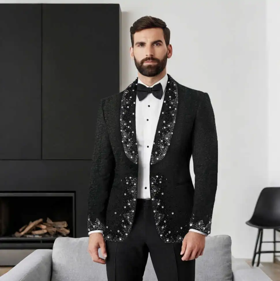 3 Piece Men Suits Slim Fit  Tuxedo Beaded Diamonds Customized Wedding Party Formal Occasion Groom Tailor-Made Plus Size