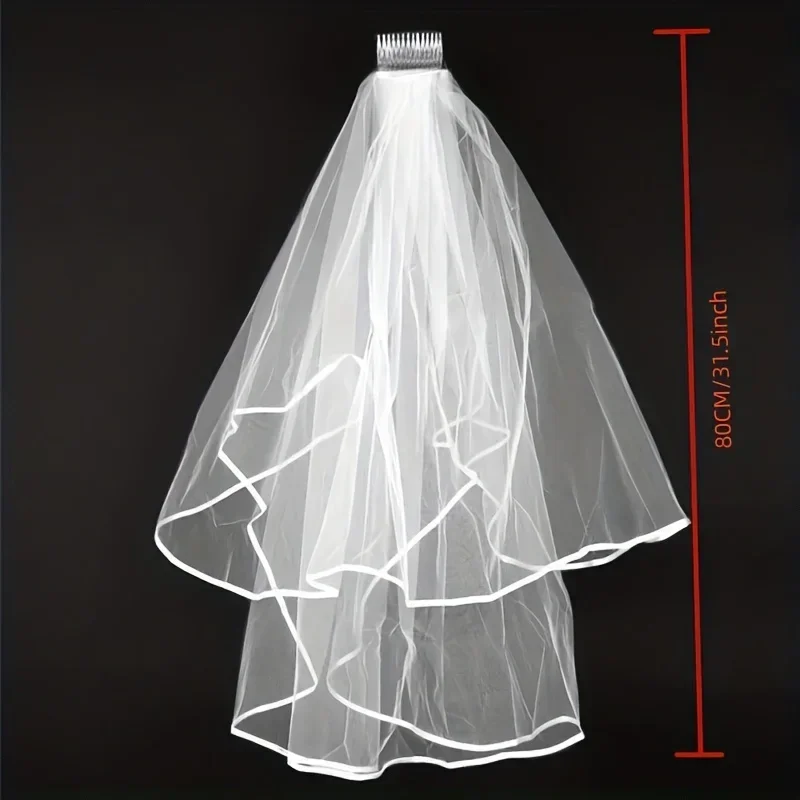 Voile de mariage blanc avec peigne pour patients, bord ruban à 2 niveaux, accessoires pour femmes et filles, fournitures de fête pour travailleurs, enterrement de vie de jeune fille, 1PC