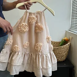 Summer Forest Style Girls' Dress 3D Flower Splicing Strap Style Dress Fashion Kids Clothing Party Princess Dress for Kids Girls