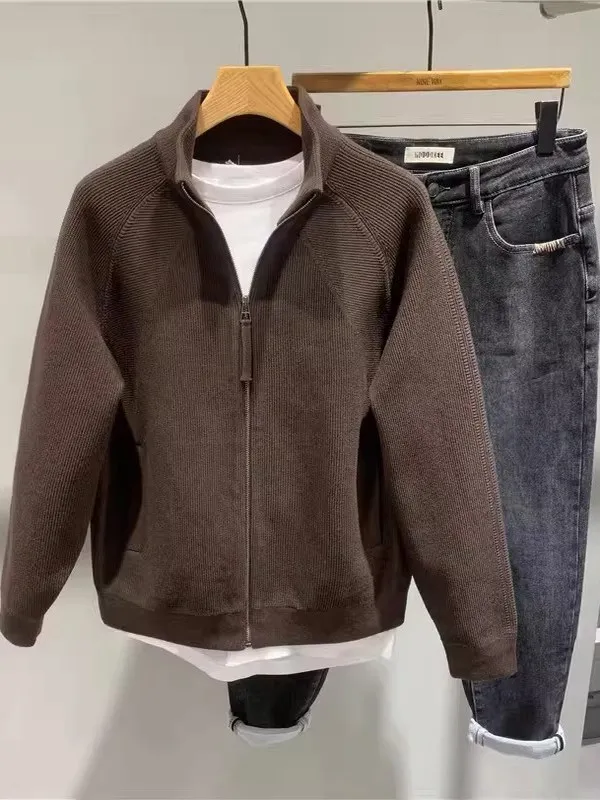 

Мужской повседневный свободный вязаный свитер на молнии, городской стиль, однотонный, с воротником-стойкой, теплый, дышащий, зимняя верхняя одежда