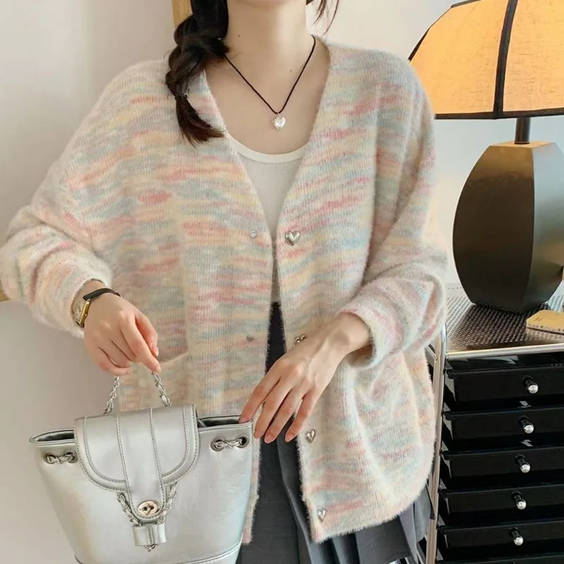 Women Autumn Fashion Loose Multicolor V-neck Long Sleeve Knitwear Women Clothes Casual All-match Sweet Knitting Cardigan Coat