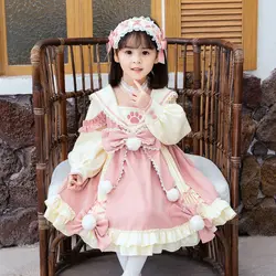 Costume Kids Dress Plus Velvet  Baby Autumn Winter Lolita Kids Kawaii Wedding Bow Dress Girl Children Ball Gown Princess Party