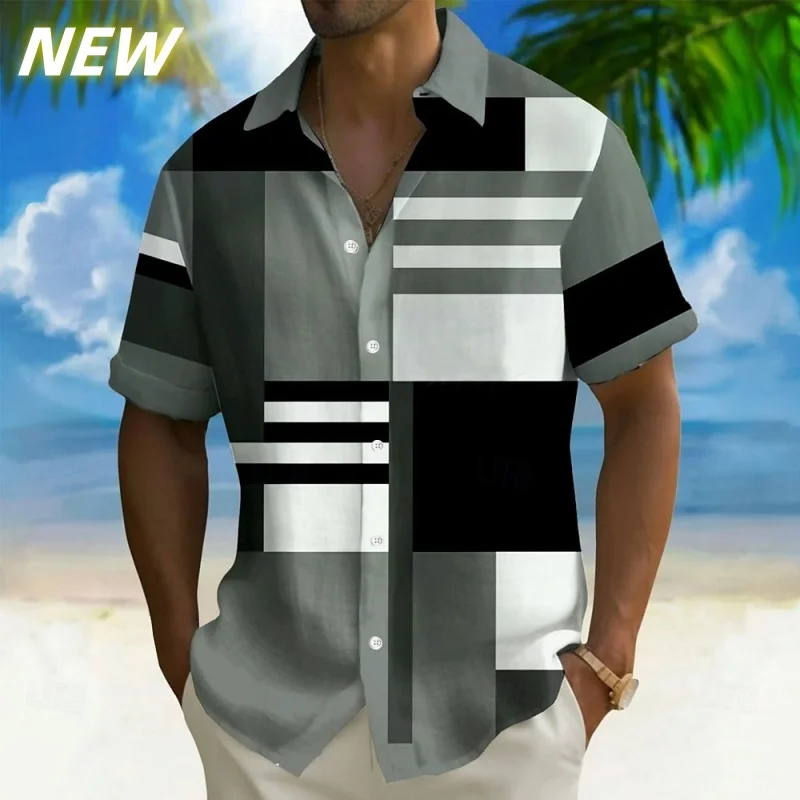 

Colorful Geometry Pattern Short Sleeve Shirt For Men Color Block 3D Printed Hawaiian Shirts Lapel Tops Fashion Button Blouse