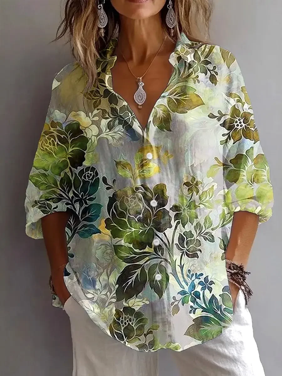 

Женская рубашка, лето-осень, цветочный графический геометрический винтажный повседневный стильный рубашка с длинным рукавом, воротник, топы, праздничные пуговицы с принтом