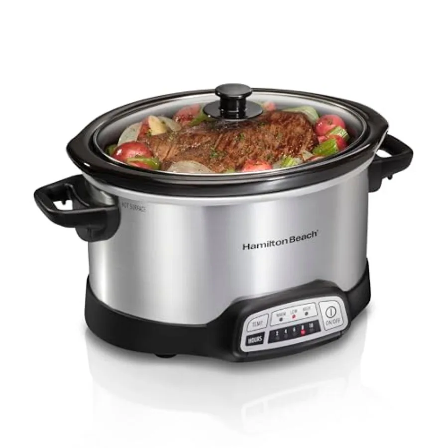 

4 Quart Programmable Slow Cooker with Flexible Easy Programming 5 Cooking Times Dishwasher-Safe Crock and Lid Silver 33443