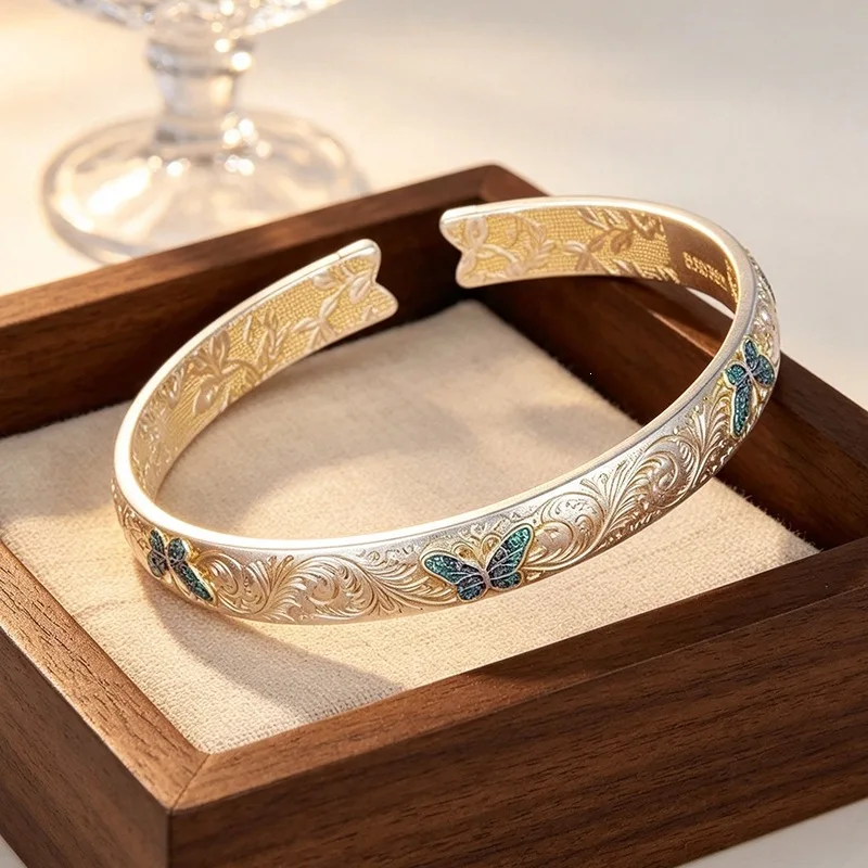 Elegant Chinese Style Enamel Butterfly 925 Sterling Silver Resizable Opening Bracelet For Women Fine Bangle Luxury Jewelry BR422
