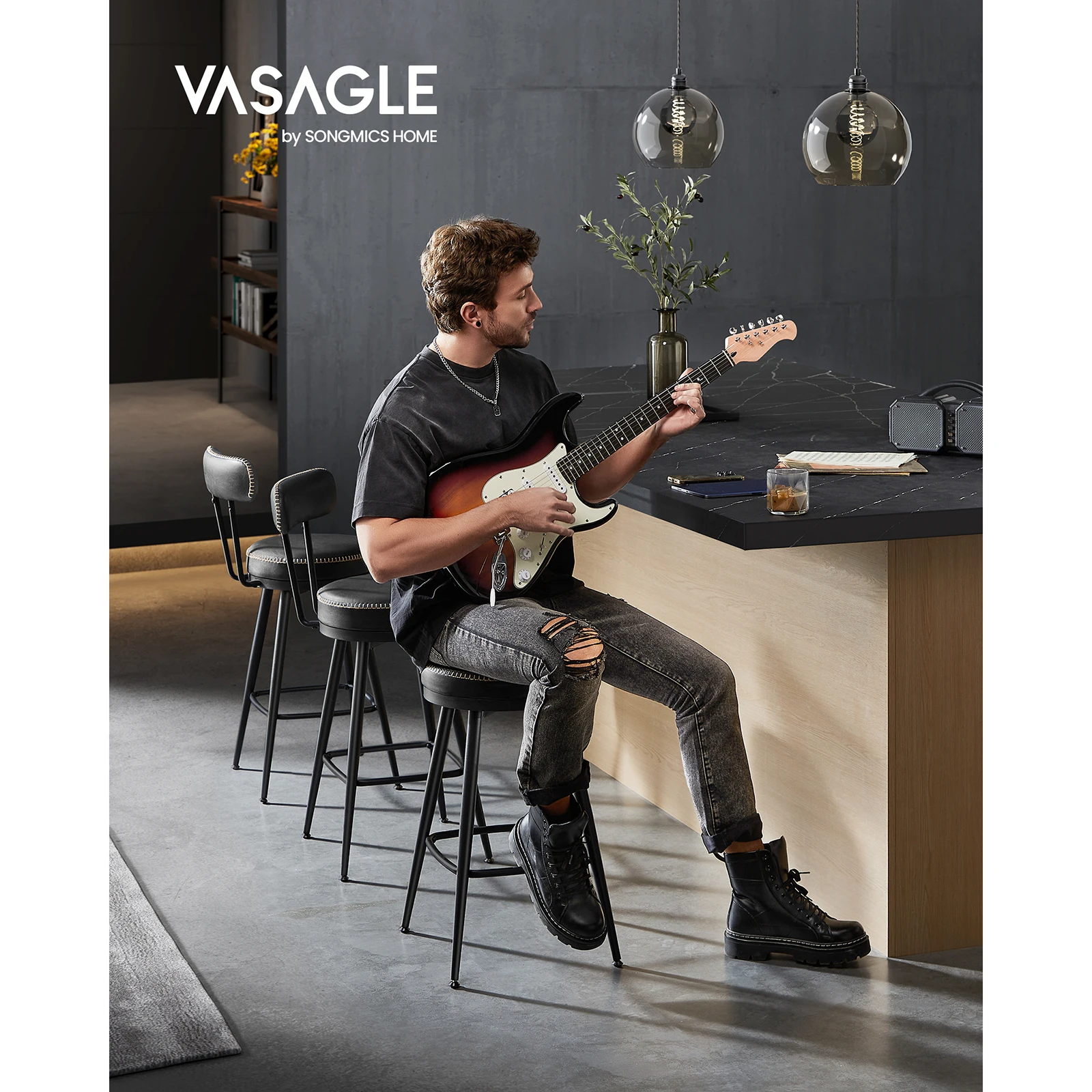 VASAGLE EKHO Collection - Set of 2 Bar Stools, Swivel Bar Chairs with Backrest, Faux Leather with Stitching, Height 65 cm