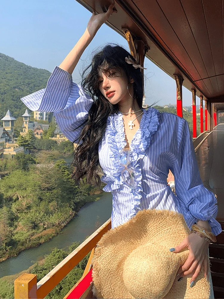 

Удобная женская полосатая рубашка SYJ с кружевной отделкой на талии в корейском стиле для повседневной носки, больших размеров, как нижний слой одежды