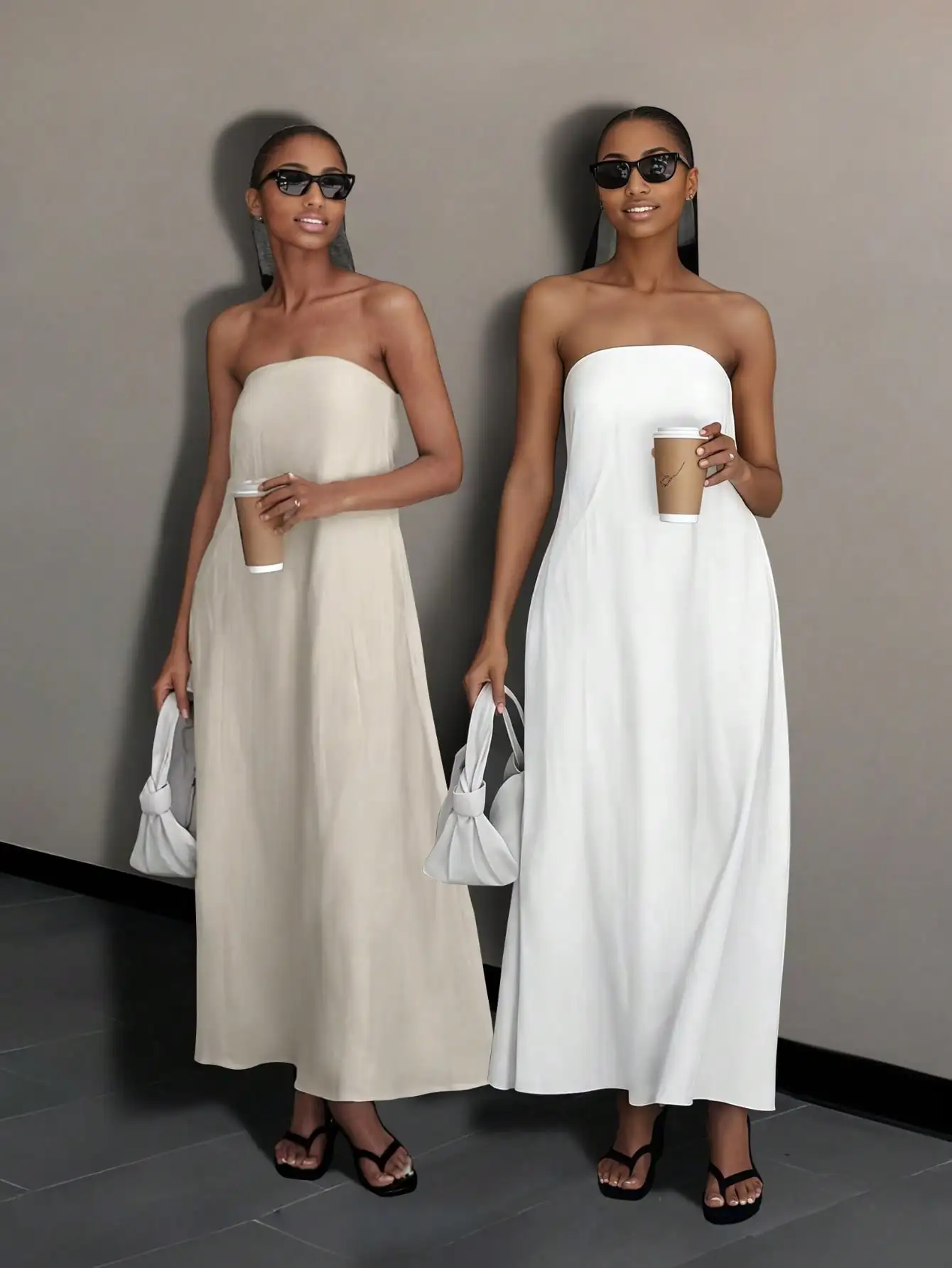 

Women's Sleeveless Strapless Maxi Dress in Ivory & Beige, High Waist Beach Vacation Style