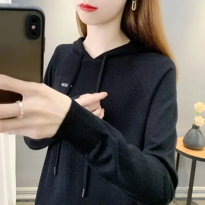 Women Korean Appliques Casual Streetwear Hooded Knitted Sweaters Female Trendy Solid Long Sleeve Loose Pullover Tops Y2K Jumpers