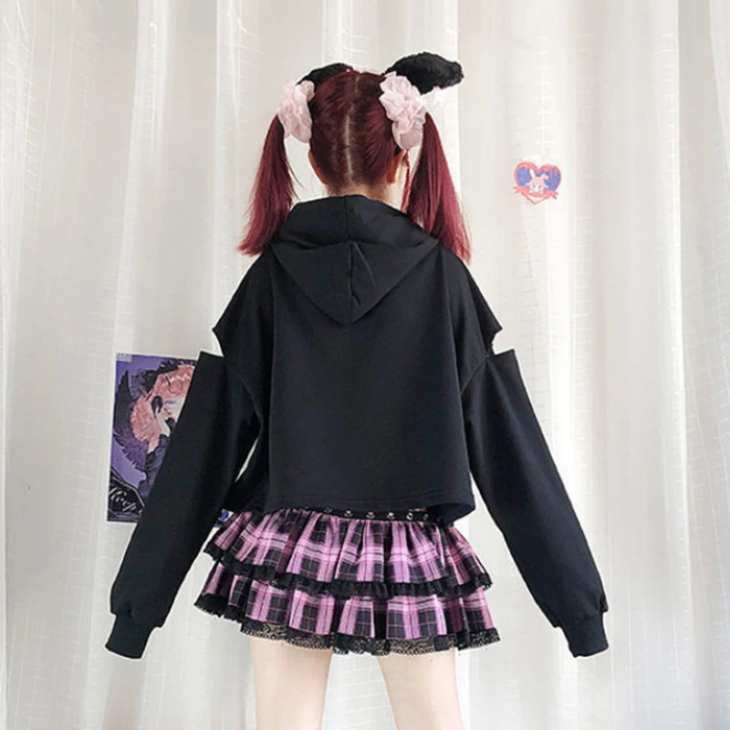 Stitch traf Y2k Hip-hop Loli\'s new dark hooded short sweater splicing belt hollow female autumn and winter Korean comments a lot