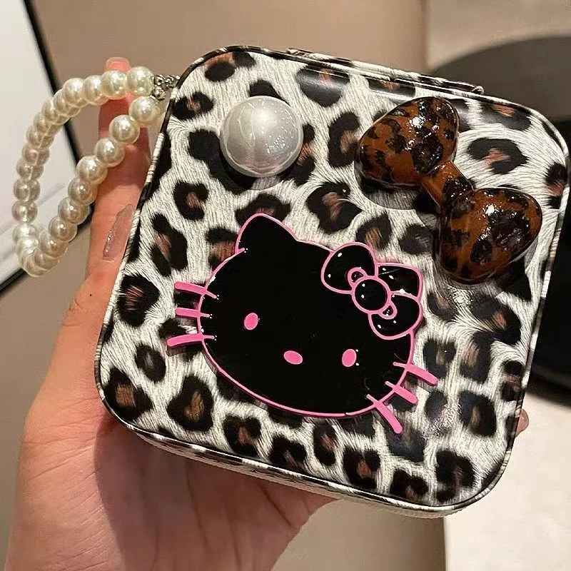 

2025 новый режим Sanrio Hello Kitty с леопардовым принтом, портативная шкатулка для драгоценностей, двухслойная шкатулка для хранения ожерелья и сережек, Рождественский подарок