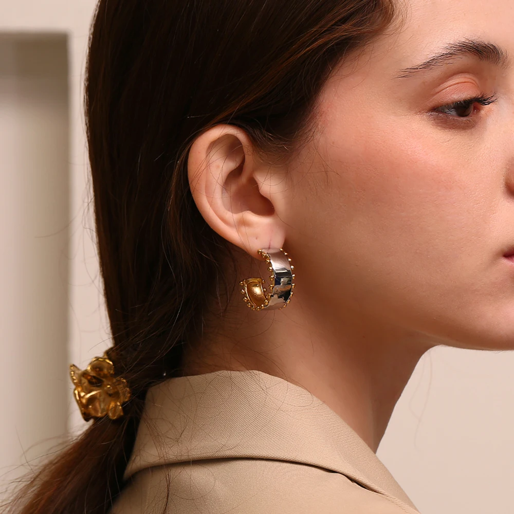MamacitaSlay Modern Two-Sided Color Gold Plated Silver Color 12mm Wide Hoops Stainless steel earrings woman Waterproof Jewelry