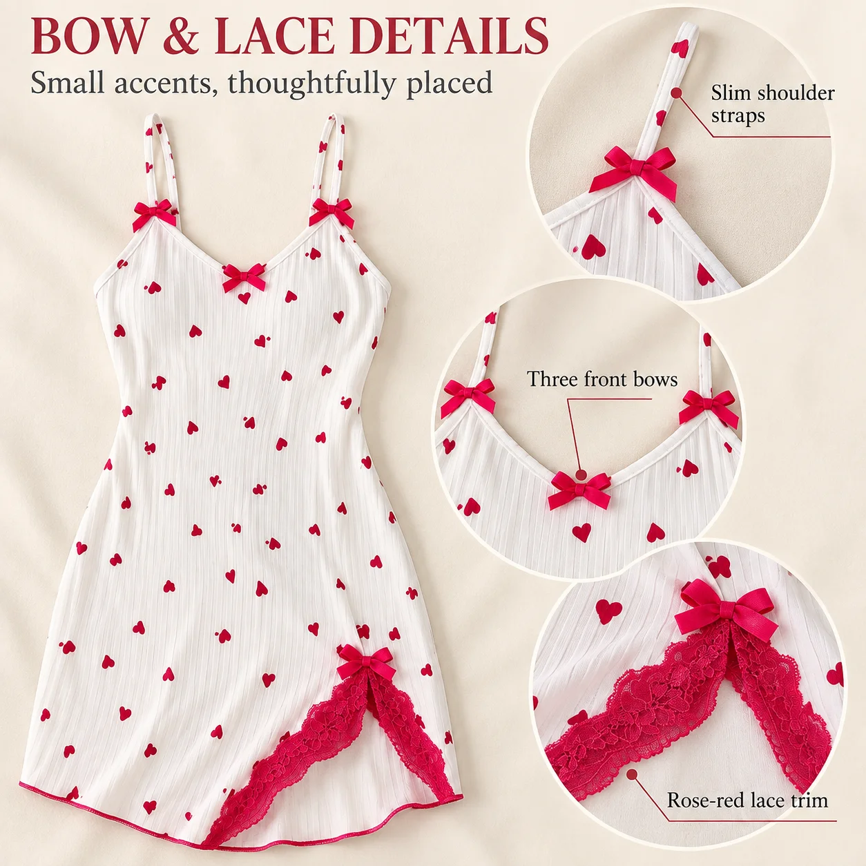 Women's Sleeveless Heart Print Sleep Dress with Lace Trim and Bow Details, White Polyester Knit Nightgown in M L XL