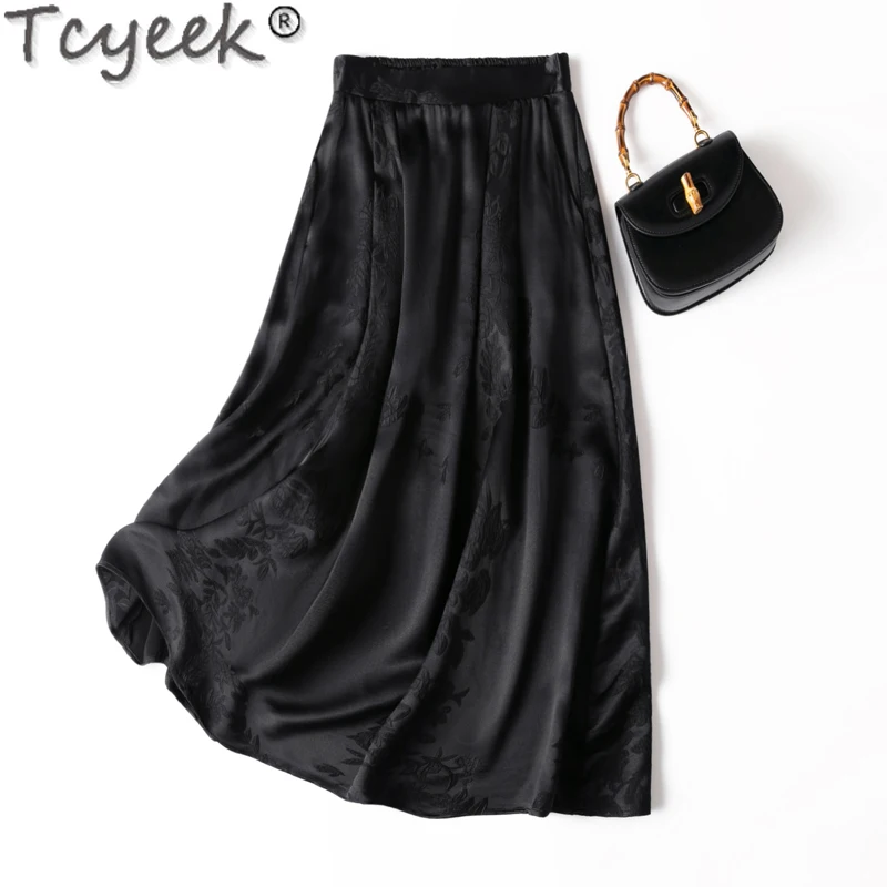 

Tcyeek Skirts for Woman 28mm Mulberry Silk Spring Summer Clothes Women's Elegant Skirts 50% Real Silk Long Skirt Black Skirts