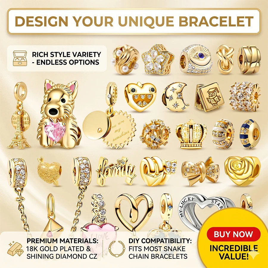 Neue DIY-Schmuckgeschenke, funkelnde goldene Sicherheitsketten-Clip, umwickeltes Herz, Glücksstern und Herz-Bogen-Charm-Perlen, passend für Original-Armbänder