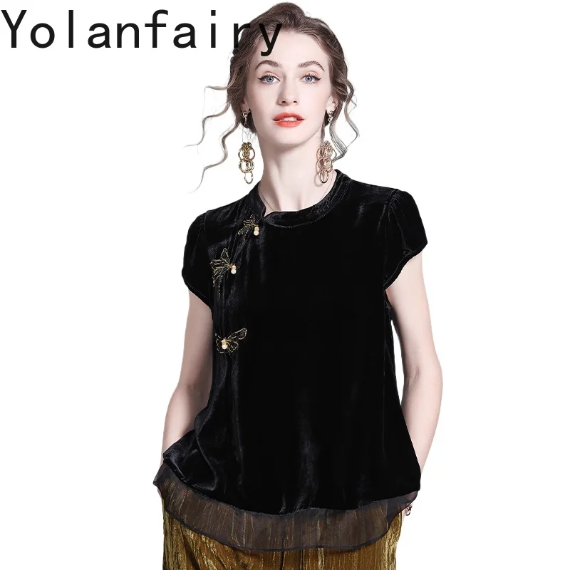 

YOLANFAIRY Genuine Mulberry Silk Velvet T Shirts Woman Summer Autumn Chinese Style Embroidery Tee Shirt Femme Tops and Blouses