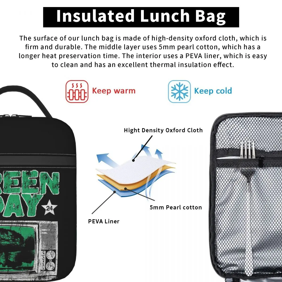 Green Day Insulated Lunch Bag for Women Children Portable Food Boxes Thermal Lunch Box Tote