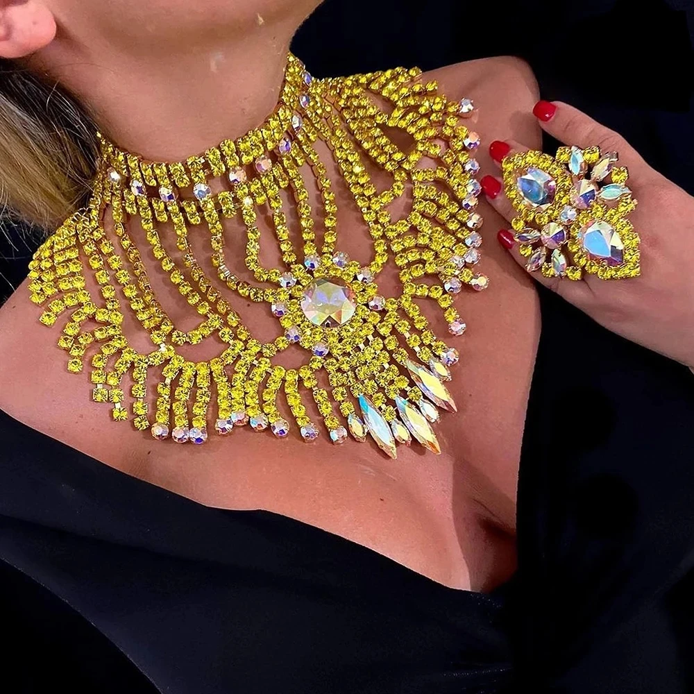 

Stonefans Exaggerated Yellow Rhinestone Necklace Ring Set for Women Summer Accessories Bridal Jewelry Sets Wedding High Quality