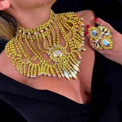 Stonefans Exaggerated Yellow Rhinestone Necklace Ring Set for Women Summer Accessories Bridal Jewelry Sets Wedding High Quality