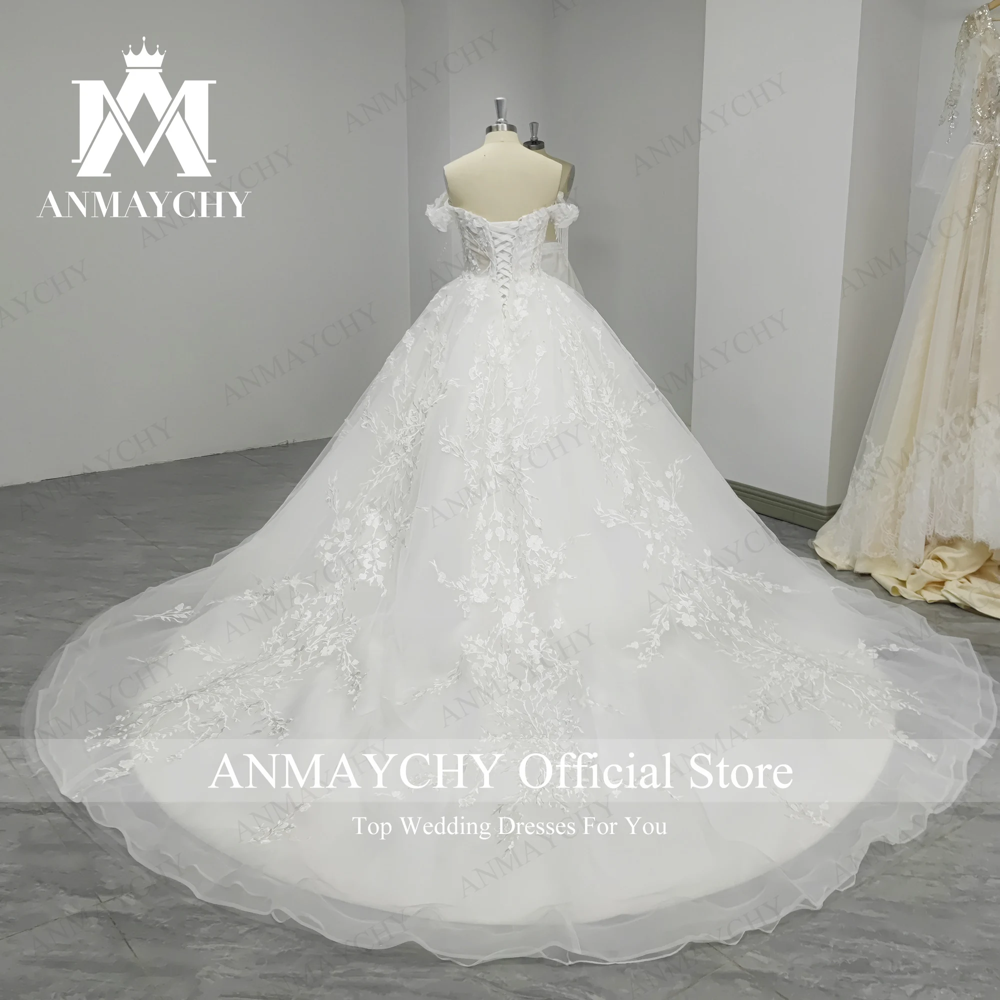 ANMAYCHY  A-Line Luxury Wedding Dresses For Women 2022 Off the Shoulder Beading 3D Flowers TASSEL Wedding Gown Vestidos De Novia