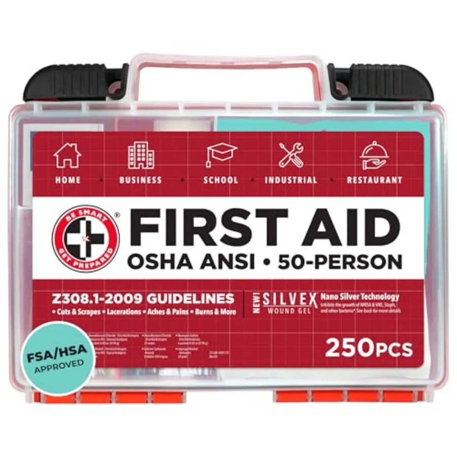 

Be Smart Get Prepared OSHA/ANSI First Aid Kit - 50 Person, 250 Pieces - Designed for Home, Busin, School, Industrial, and Resta