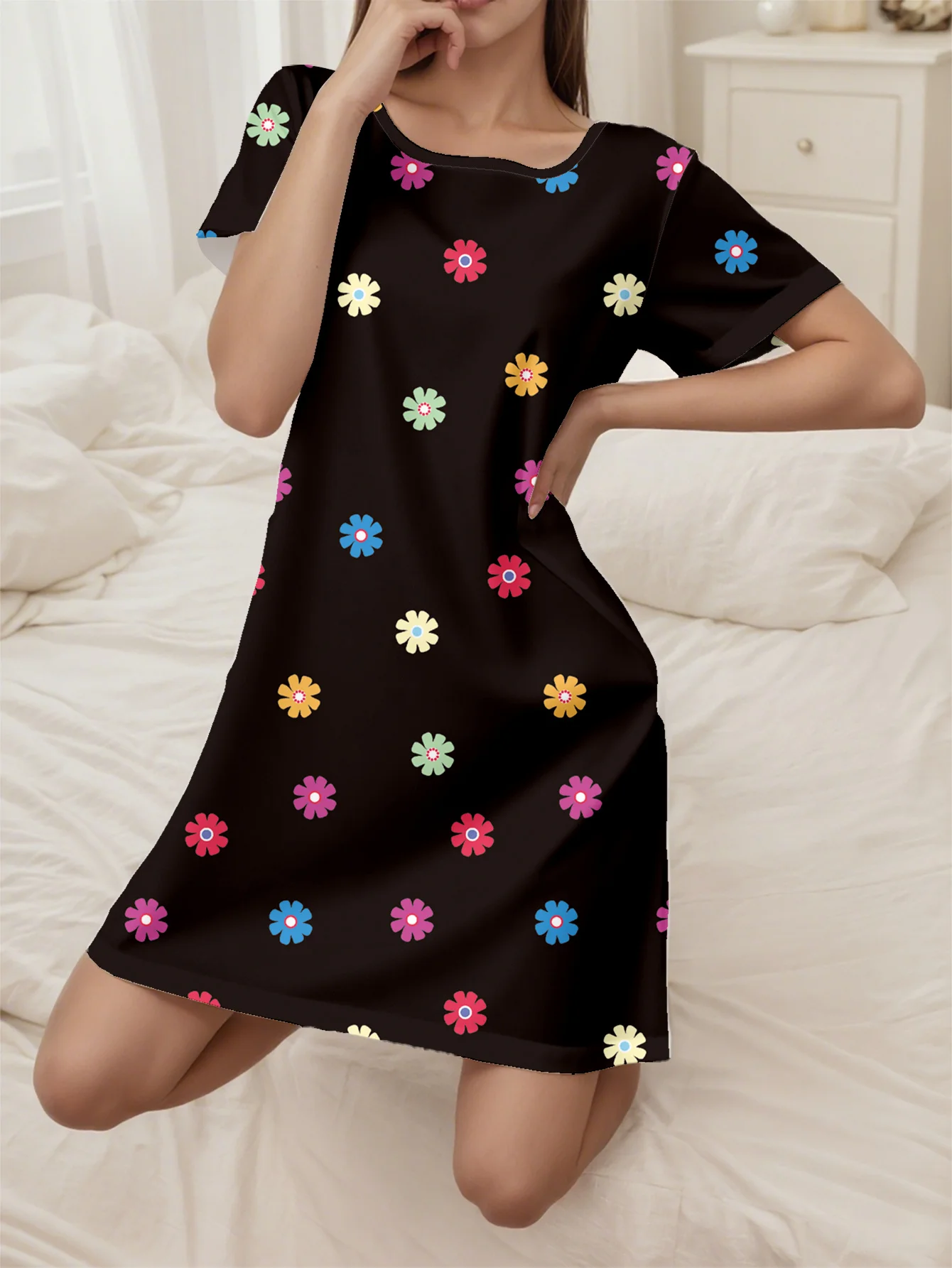 Weiches Kurzarm-Nachthemd für Damen, Pyjama-Kleid mit Blumendruck, kurzärmelige Damenkleider, Y2k-Damenkleidung, lässige Partykleidung