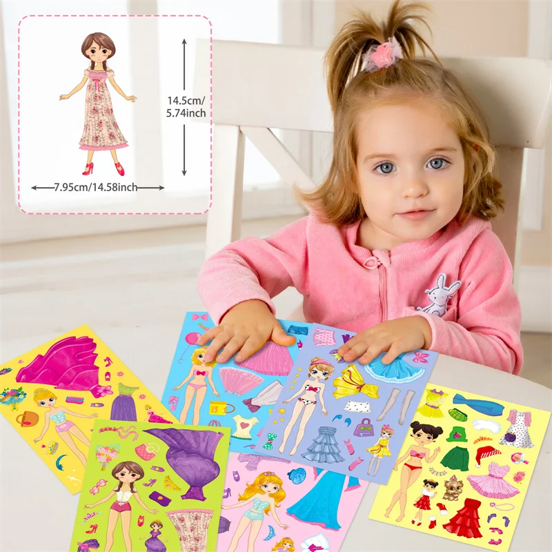 6-24Sheets Princess Dress-Up DIY Stickers for Kids Create-A-Face Sticker Pad Make Your Own Girls Puzzle Jigsaw Party Supplies