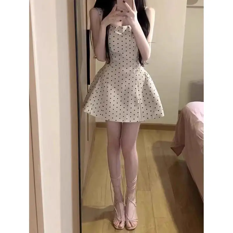 Retro Polka Dot Vest Dr Women's Summer Slimming ort Skirt High Waist Pleated Waist-Cinching A-Line Dr Ele Feeling