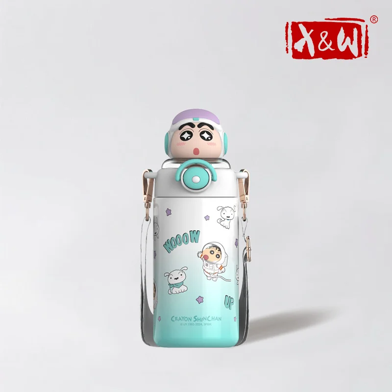 X&W 600 ml Crayon Shin Chan Sunshine Strohbecher aus Edelstahl 316, PP-Thermosbecher mit Hebeseil, Wasserflasche, Geburtstagsgeschenk