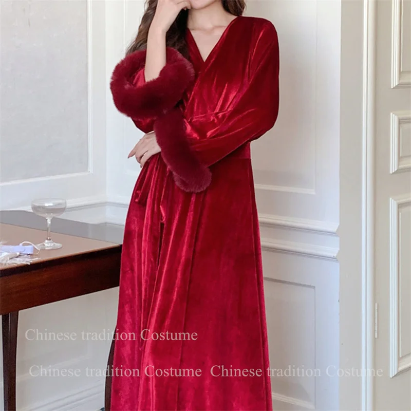 Autumn Winter Bride Wedding Robe Warm Velour Feather Patchwork Nightgown Elegant Kimono Bathrobe Gown for Lady Loungewear