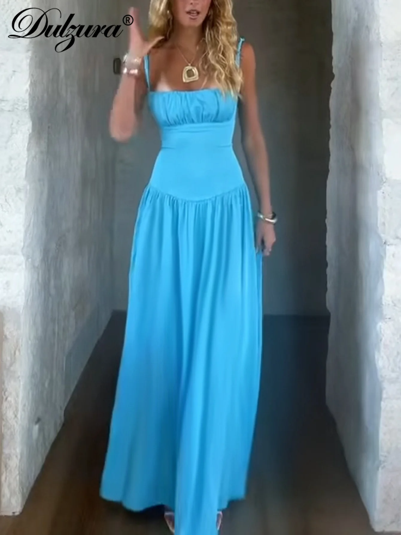 فستان طويل للسيدات من Dulzura بدون أكمام وظهر مكشوف وطيات فستان طويل مثير وأنيق للحفلات والنوادي والشارع ملابس صيفية