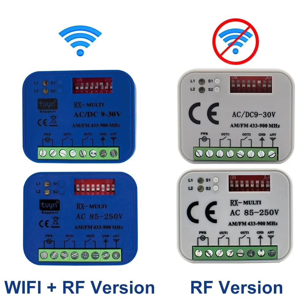 Universal RX Multi WIFI Garage Door Remote Control Receiver 2CH Controller Smart Switch 433 868 MHz Tuya Frequency 300-900MHz