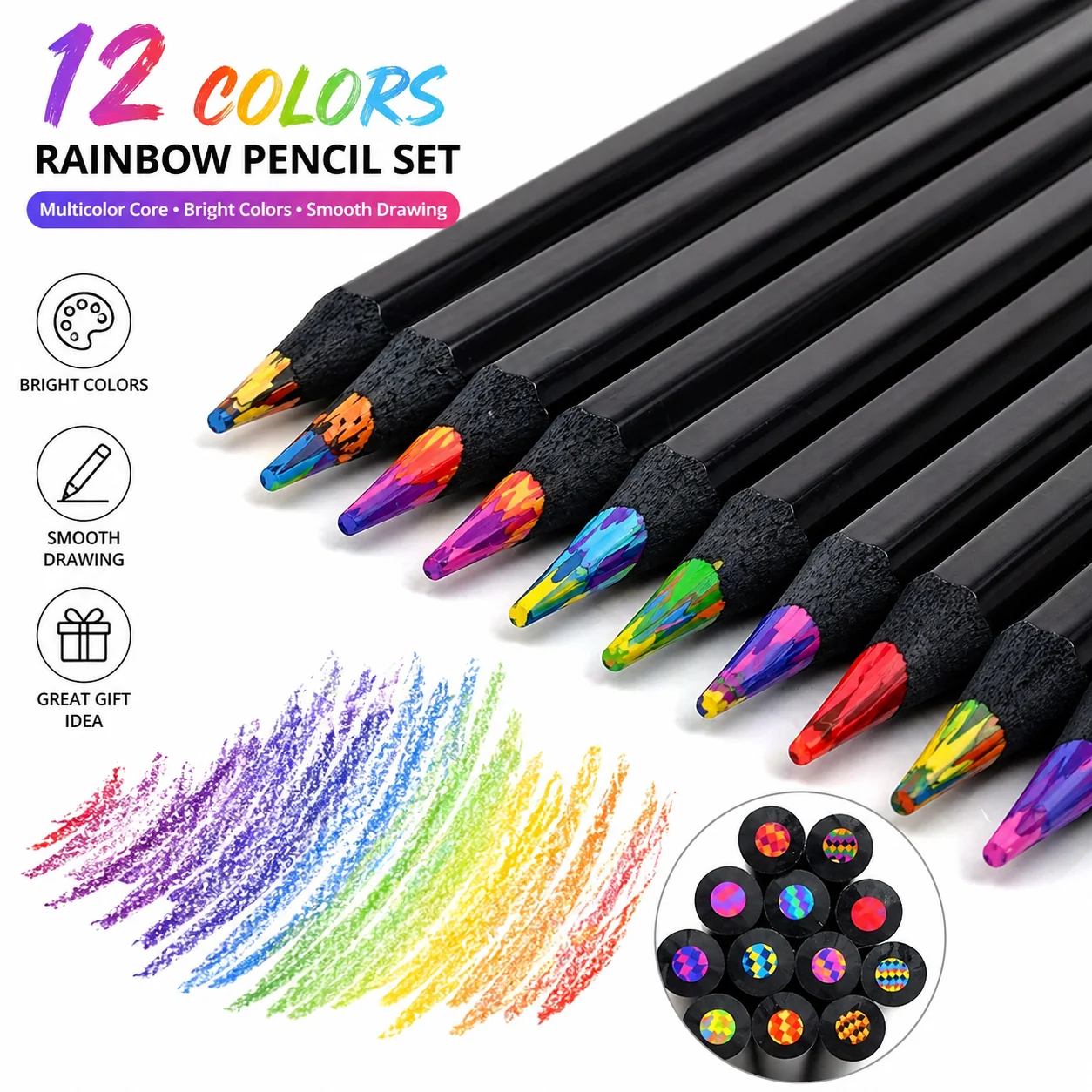 Lápices Mágicos Arcoíris de 12/24/36 Piezas, Multicolor, Núcleo Negro, Lápices de Colores de Madera, Material de Dibujo Creativo, Regalo
