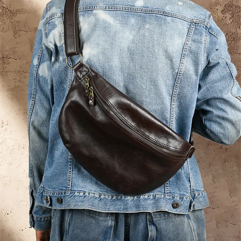 Leather Chest Bag for Men Casual Crossbody Bag Tannery Cowhide Large Capacity Trendy Backpack Street Style Simple Leather Bag