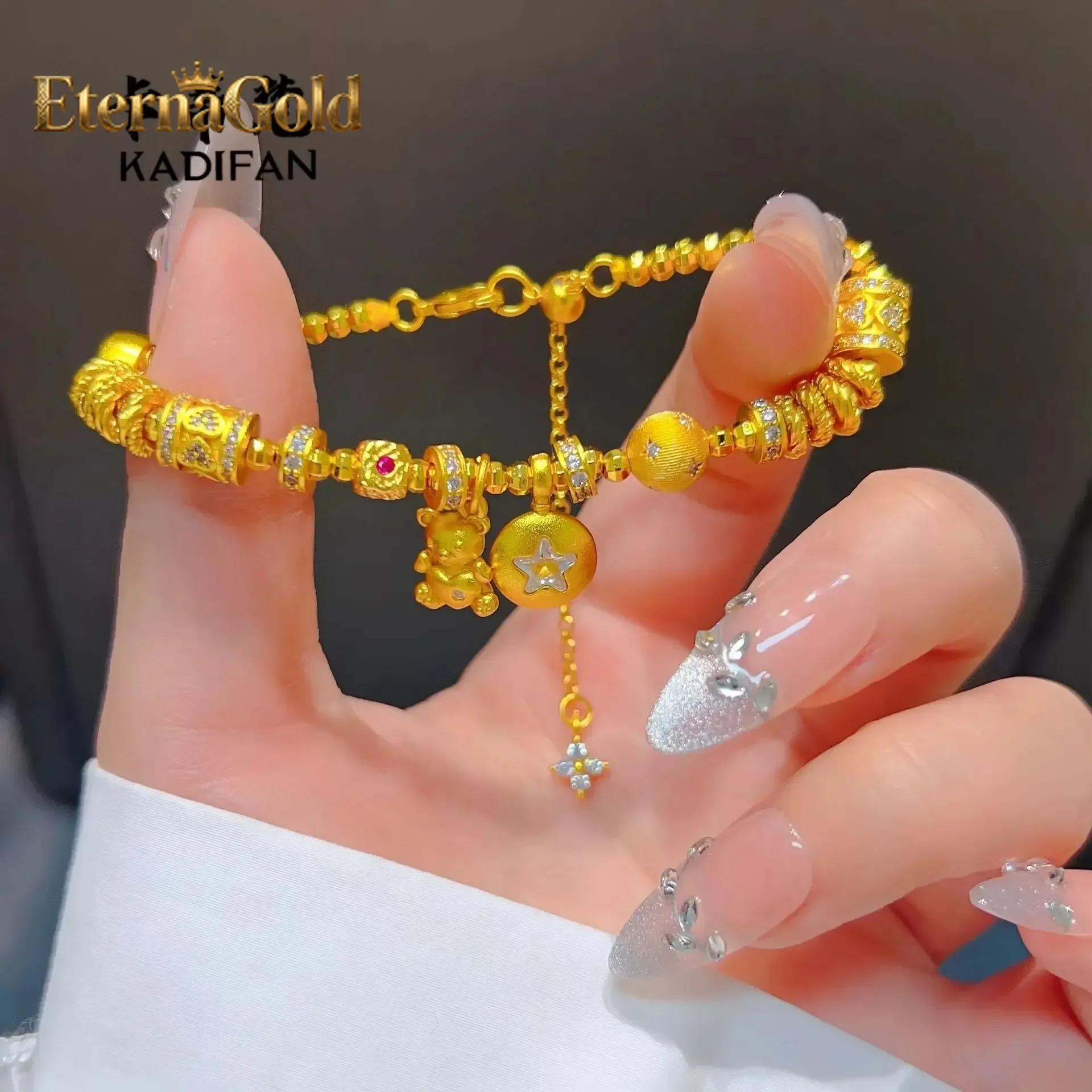 EternaGold Luxury 9999 24K real gold dot diamond love little bear star beam fortune bead carpet women's ancient method treasure
