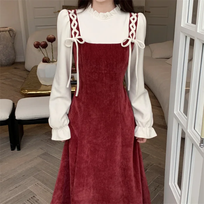Losse midi-jurk met lange mouwen Nieuwjaar Student-stijl Dopamine Illusie Tweedelige jurk met strikknoop Polyestervezeljurk